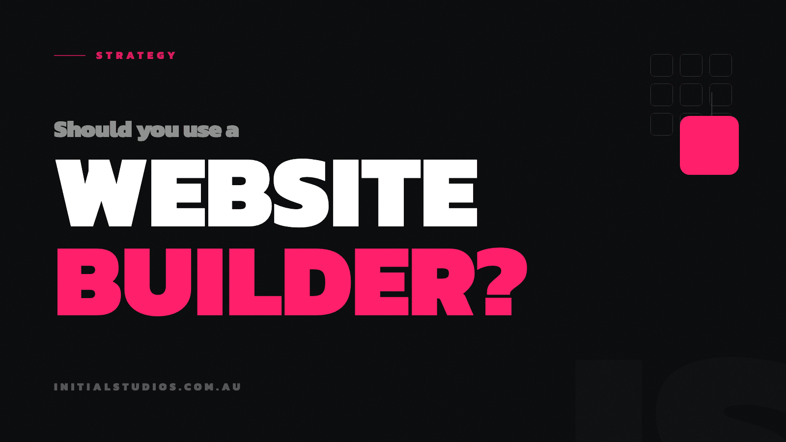 The words Should you use a Website Builder set in bold type, with a grid of template blocks resolving into one solid custom block